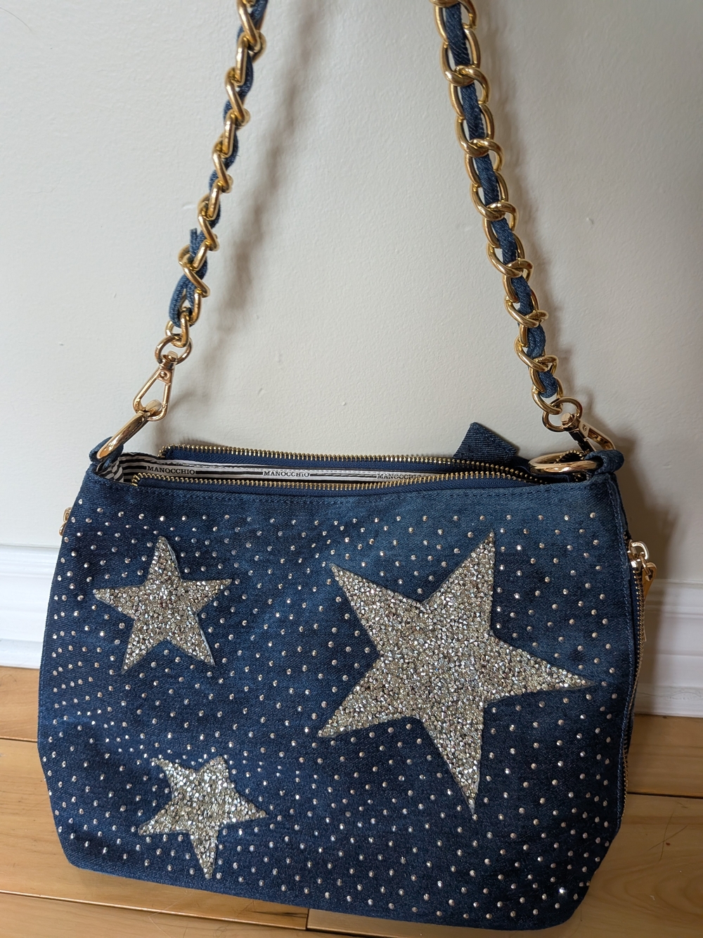 Manocchio Denim Star Shoulder Bag with Gold Studs - Navy